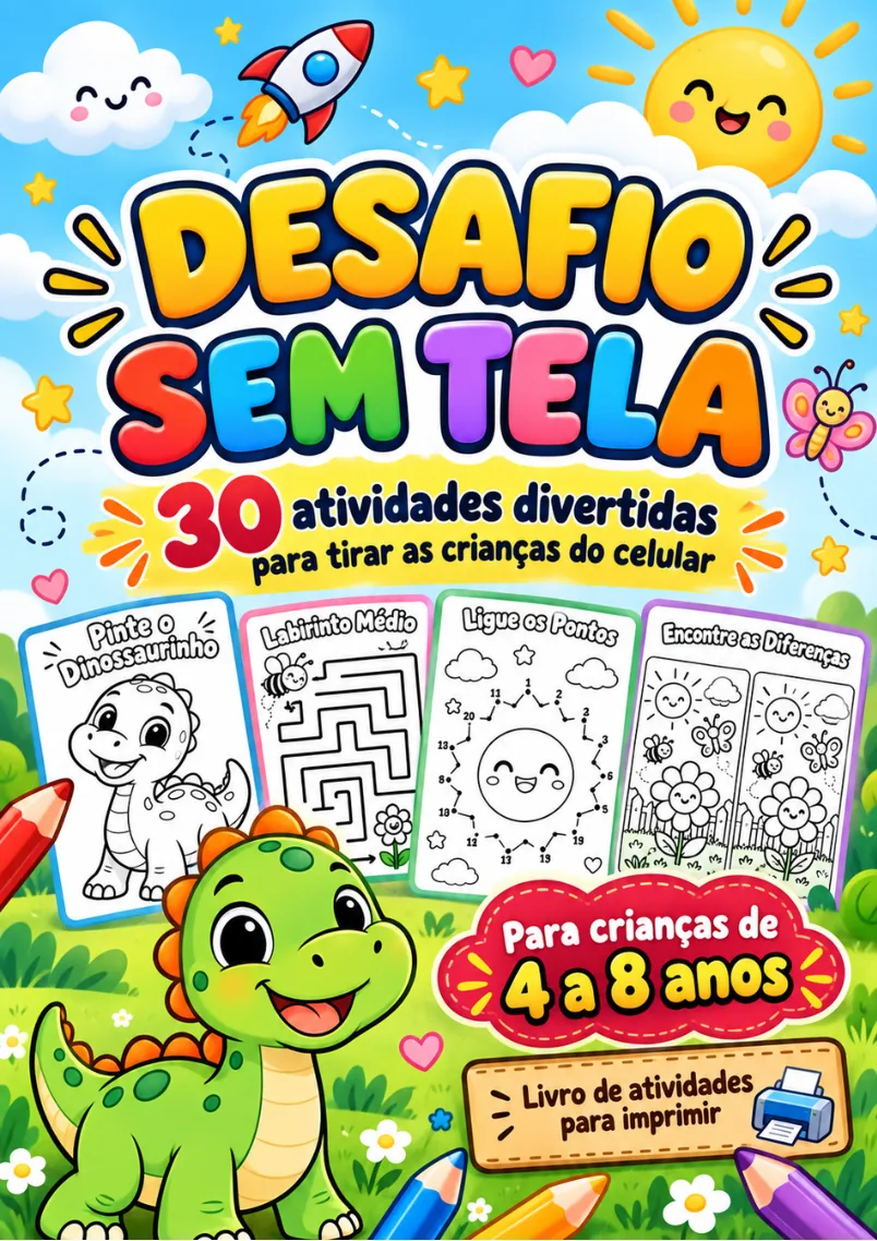 Capa do Desafio Sem Tela, com 30 atividades divertidas para crianças de 4 a 8 anos